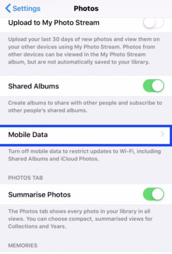 isable syncing photos and videos over cellular data.