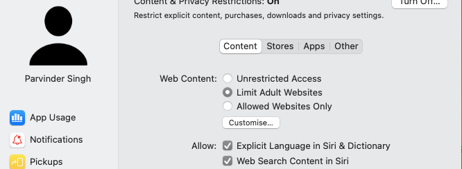 Select limit adult websites option on macbook air