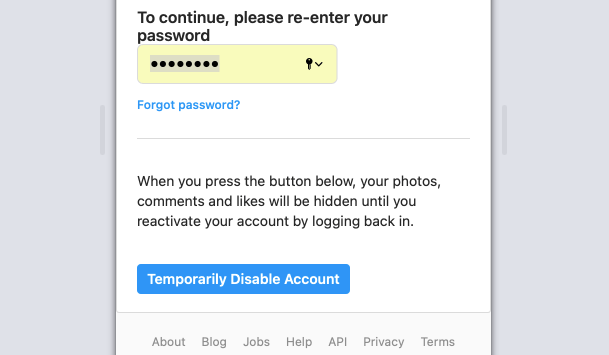 enter password to temporary deactivate instagram