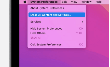 Choose Erase All Content and Settings in apple menu in macOS monterey