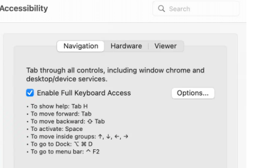Full Keyboard Access settings are located at System Preferences