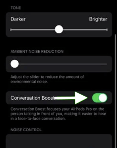 Toggle on Conversation Boost for Airpods Pro on iPhone and iPad