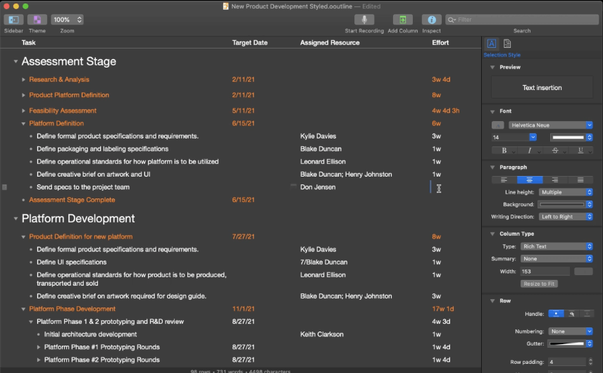 OmniOutliner for novel writing