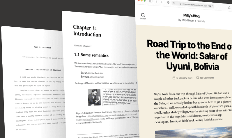 After you’re done writing, Ulysses can turn your texts into beautiful PDFs, Word documents, ebooks and even blog posts.