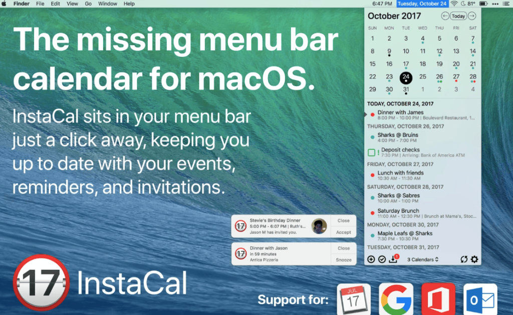 InstaCal - Menu Bar Calendar app for MacBook