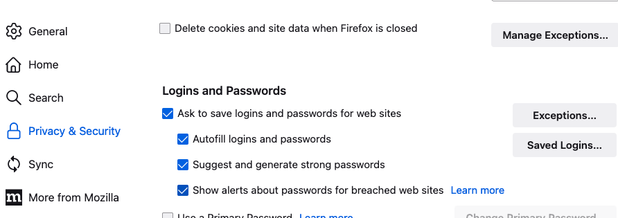 Open privacy and security on firefox